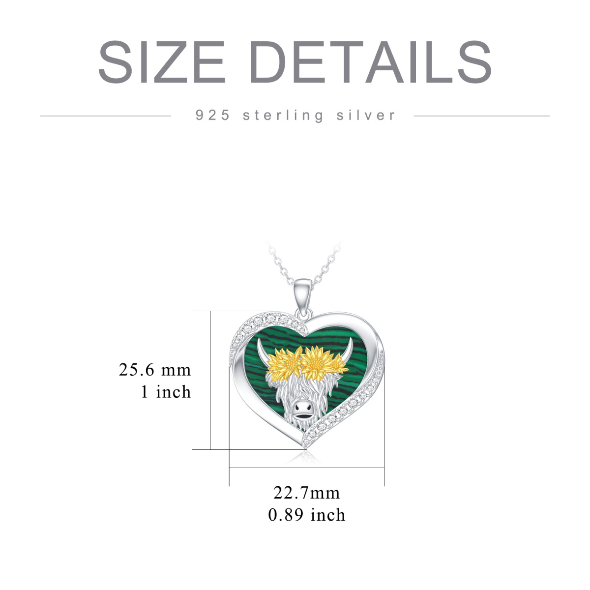 Sterling Silver Cubic Zirconia & Malachite Cow & Sunflower Pendant Necklace-6